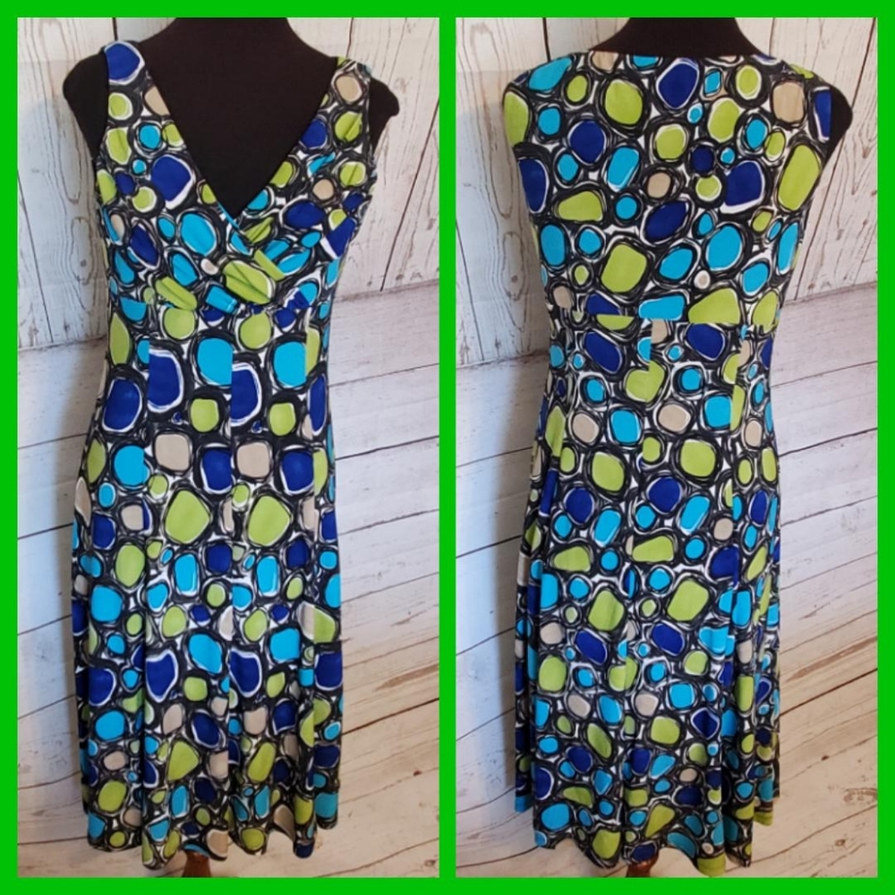 Jones Studio faux wrap bodice knee length sleeveless dress blue, green 8